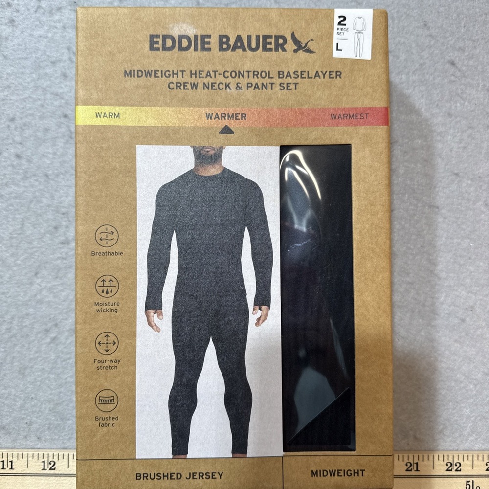 2-Piece Set Eddie Bauer Midweight‎ Base Layer Crew / Pant Set Men L Black SEALED